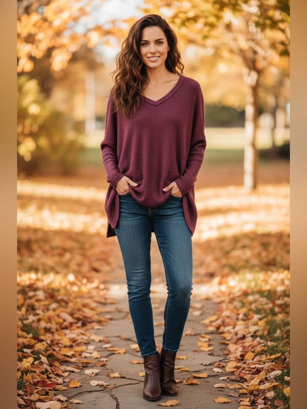 Terra & Sky Plum V-Neck Waffle Knit Pullover